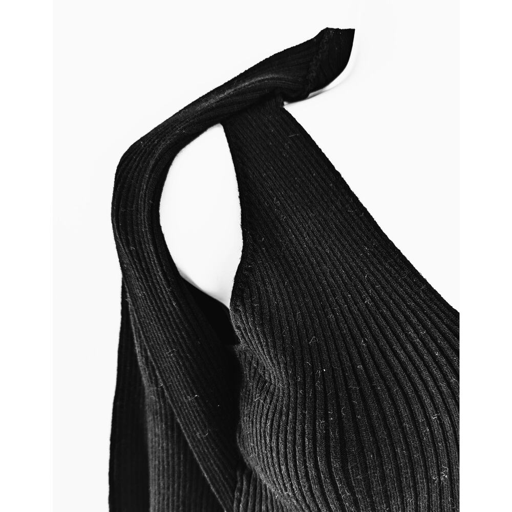 Stitches & Stripes Black Ribbed Knit V-Neck Mini Dress Long Sleeve Cold Shoulder - Picture 9 of 13